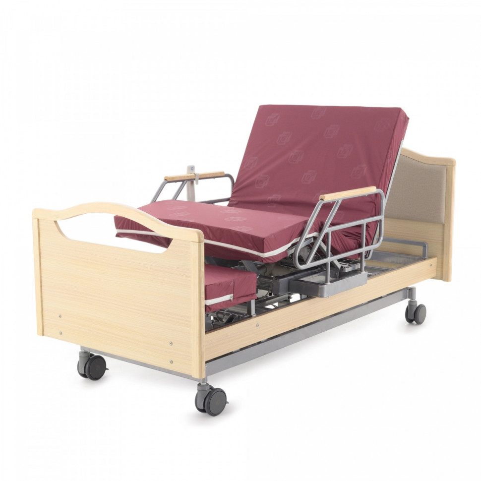 Кровать для лежачих больных с матрасом, регул. высоты, Т/АТ MED-MOS DB-2B электрическая с поворотным креслом в правую сторону (светлое дерево)